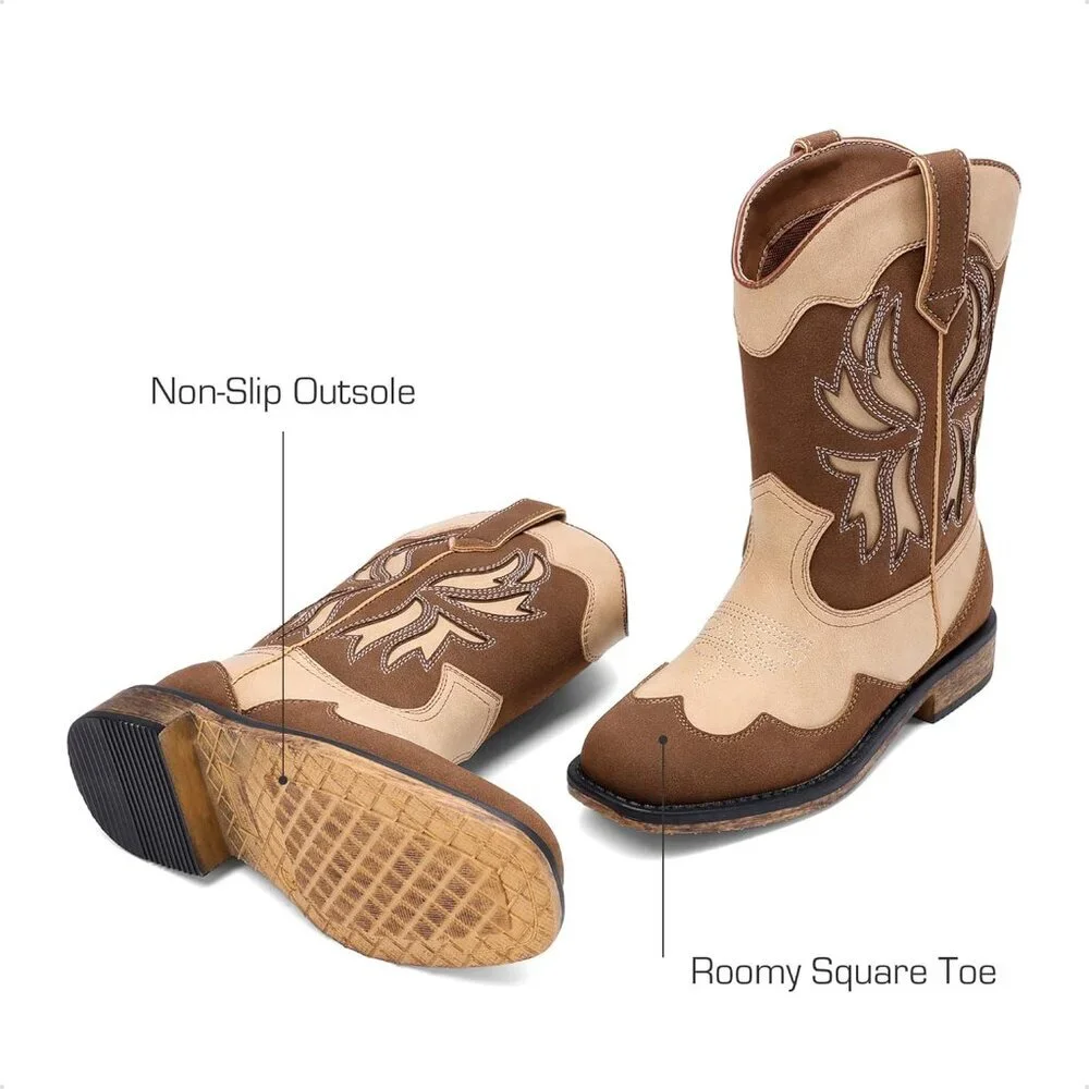 ⚡Girls Brown Camo Square Toe Mid Calf Cowgirl Boots Western Fashion Riding Shoes